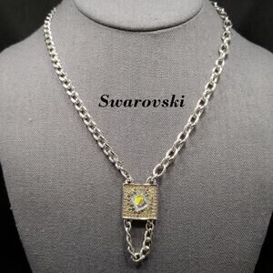 Vintage Swarovski AB Square Pendant Necklace Swan Logo Rhodium